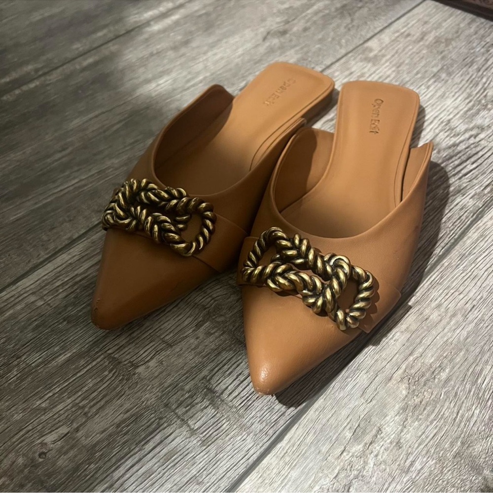 Open edit Tan Mules with Gold Chain Accent